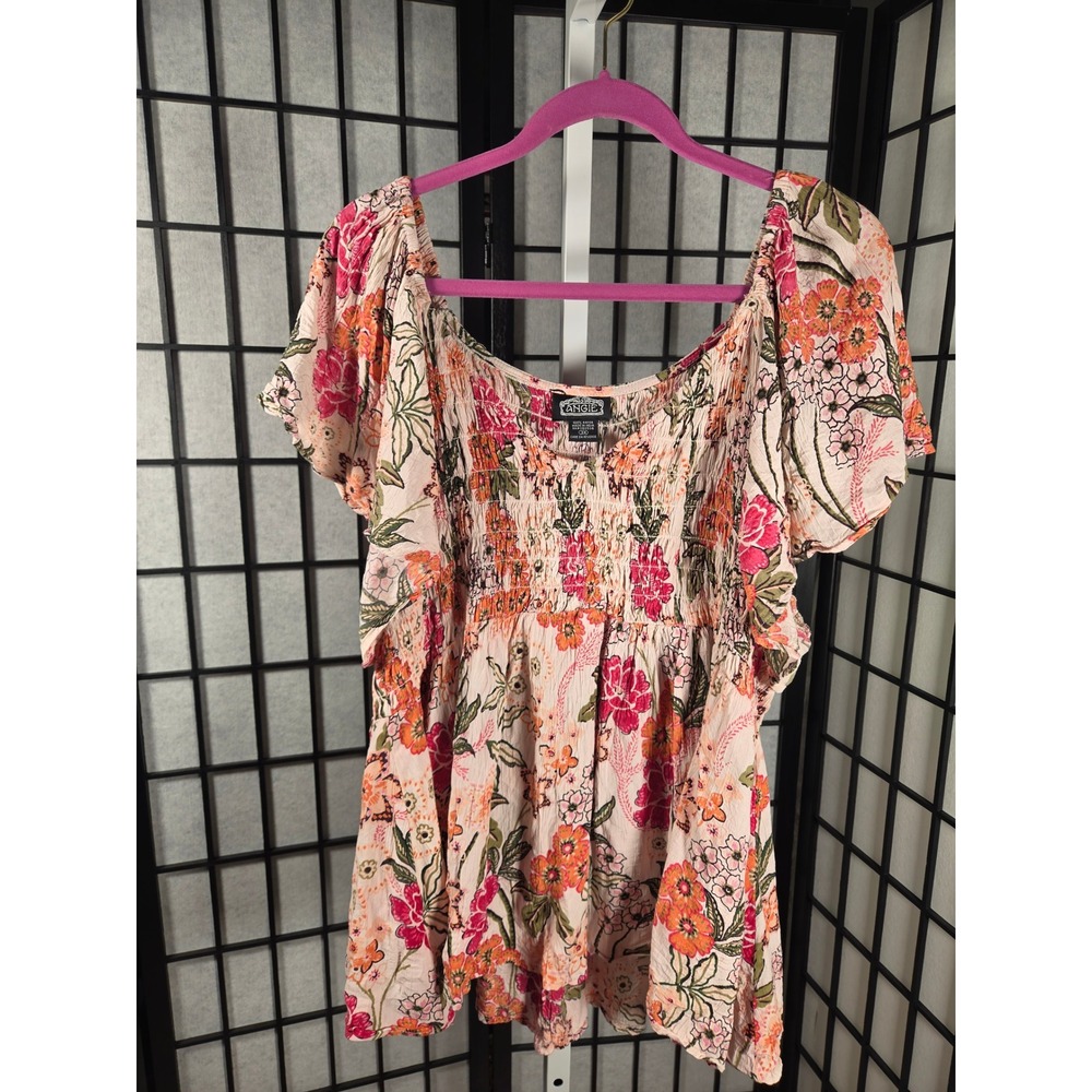 Angie Womens 3X Floral Smocked Top Pink Orange Boho Rayon Flutter Sleeve Blouse